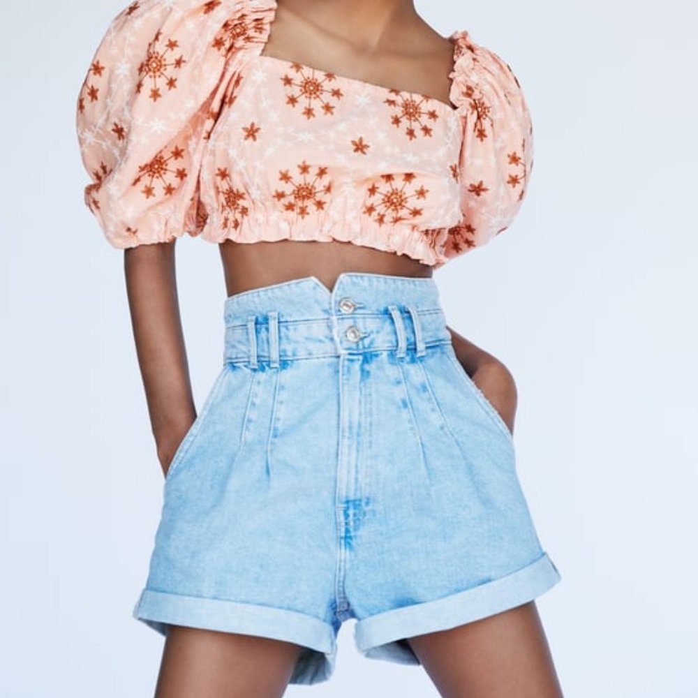 ZARA PAPERBAG HIGH WAIST DENIM SHORTS TRF (BLUE)
